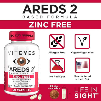 Viteyes AREDS 2 Zinc Free Macular Support, Natural Allergen Free Capsules with Vitamin E, Vitamin C, Lutein & Zeaxanthin, No Zinc, No Copper, Eye Doctor Trusted, Manufactured in The USA, 120 Ct