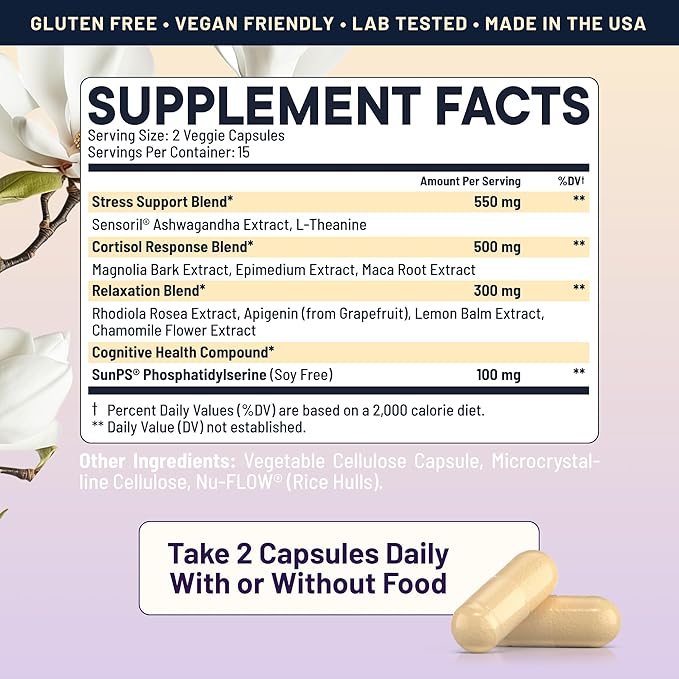 Cortisol Manager and Stabilizer Supplement | Supports Deep Sleep & Relaxation | Cortisol Supplement with Ashwagandha, L-Theanine, Rhodiola Rosea Extract & Apigenin | 30 Vegan Capsules