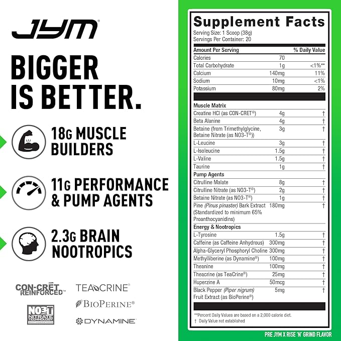 Pre JYM X Rise N' Grind Advanced Pre-Workout Powder Massive Pumps, Citrulline Nitrate, Dynamine, NO3T Betaine, BCAA’s, Nootropics, Creatine, Beta-Alanine, JYM Supplement Science, 20 Servings