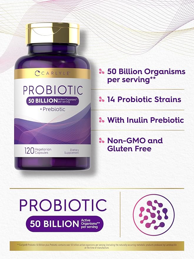 Carlyle Probiotics with Prebiotics | 120 Capsules | 50 Billion Active Organisms | Non-GMO & Gluten Free Supplement