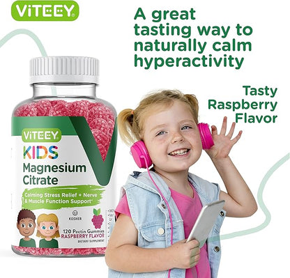 Kids Magnesium Citrate Gummies - Supports Sleep Aid, Calm Gummies, Muscle Relaxer, Optimal Relaxation - Vegetarian, Gelatin Free, Gluten Free, GMO Free - Tasty Chewable Raspberry Flavored Gummy