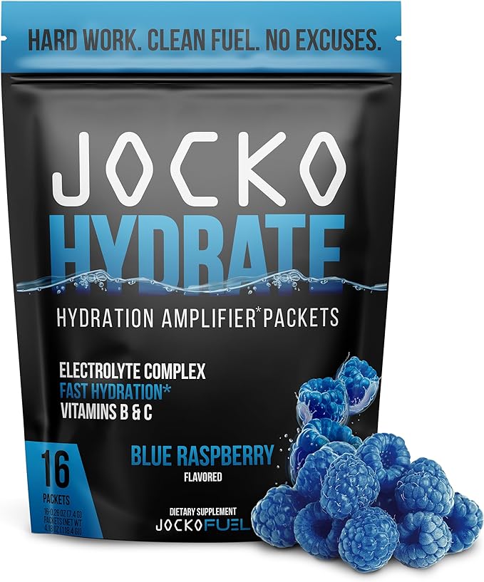 Jocko Fuel Hydrate Electrolytes Powder Packets Low Sugar - Hydration Amplifier Packets for Recovery, Dehydration, & Exercise - with Vitamins B6, B12 & C (16 Packets) Blue Raspberry