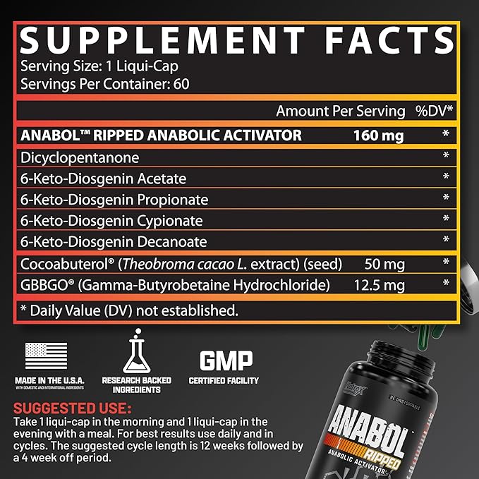 Nutrex Research Anabol Ripped Anabolic Muscle Builder for Men, 2-in-1 Muscle Builder and Shredding Supplement, (60 Count)