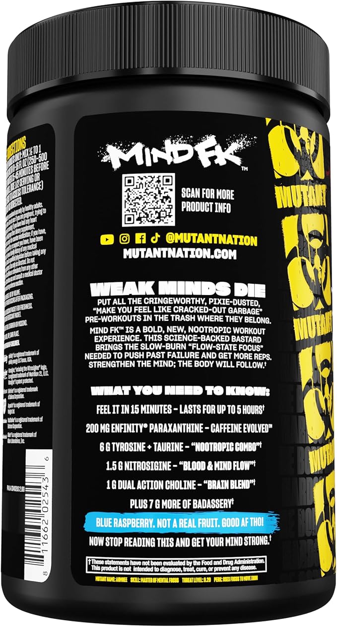 Mutant Mind FK - Epic Nootropic Pre-Workout - Brain Supplement for Mental Focus - 20 Serve - Blue Raspberry - 460g