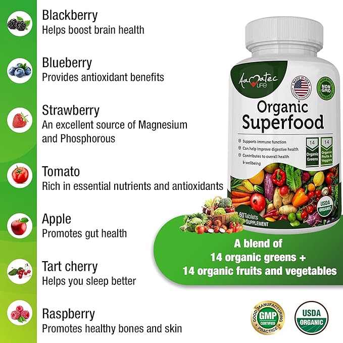 Organic Superfood Greens Fruits and Veggies Complex - Best Dietary Supplement with 14 Greens &14 Fruits & Vegetables with Alfalfa Rich in Antioxidants Organic Ingredients Non-GMO (180 Count Pack of 3)