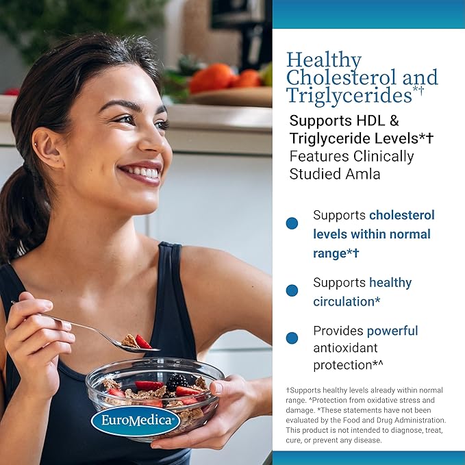 Euromedica Healthy Cholesterol and Triglycerides - 60 Capsules - Clinically Studied Amla - Supports Healthy HDL & Triglyceride Levels - Non-GMO, Vegan, Kosher - 30 Servings