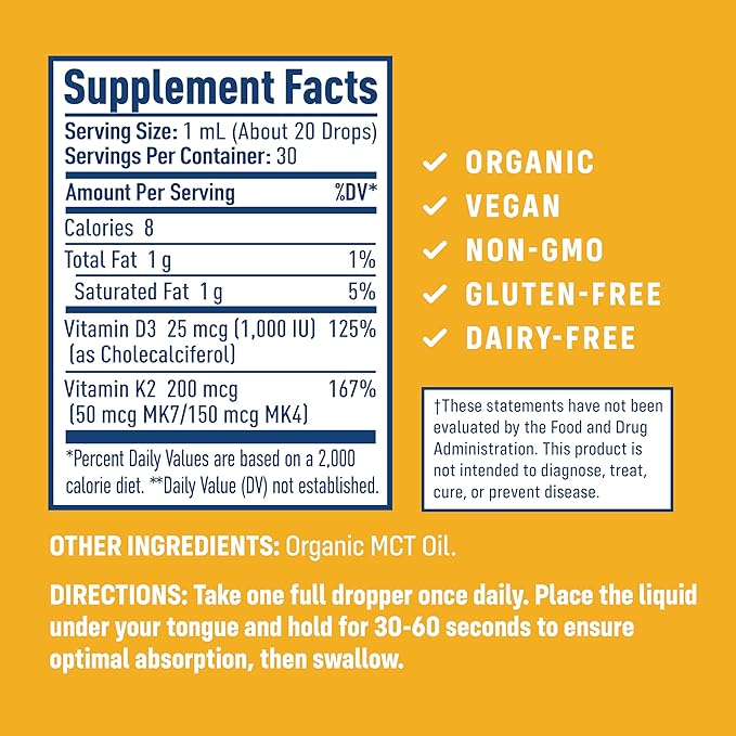 NativePath D3K2 Tincture - 1000IU Vitamin D3 and Vitamin K2 Supplement with Organic MCT Oil - 1 Fluid Ounce - Rapid Bioavailability Multi-Vitamin for Bone Strength and Total Body Wellness, 30 Servings