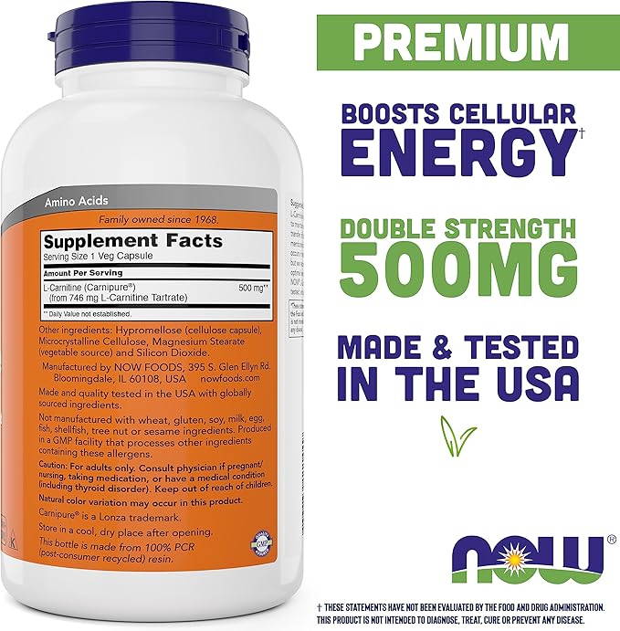 NOW Foods L-Carnitine 500 mg, 240 Veg Caps - Fitness Support* - Purest Form - Non-GMO - Vegan/Vegetarian - 500mg Capsules - Amino Acid Health Supplement