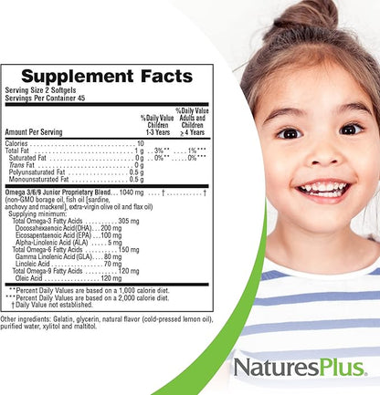 Natures Plus Animal Parade Omega 3/6/9 Junior, Lemon Flavor - 90 Softgels - Promotes Children’s Immune, Skin, Eye & Nervous System Health - Non-GMO, Gluten Free - 45 Servings
