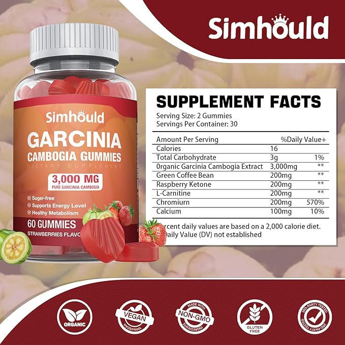 2 Pack Sugar Free Garcinia Cambogia Gummies - 3000mg 95% HCA with L-Carnitine, Energy Boost, Strawberry Flavor Gummy Easier to Take Than Pills & Capsules 120 Counts