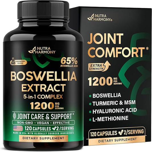 Boswellia 1200mg - Boswellia Extract | Turmeric | Hyaluronic Acid | MSM | Same - Joint Health & Comfort - Boswellia Serrata | 65% Boswellic Acid - for Men & Women - Made in USA - 120 Capsules