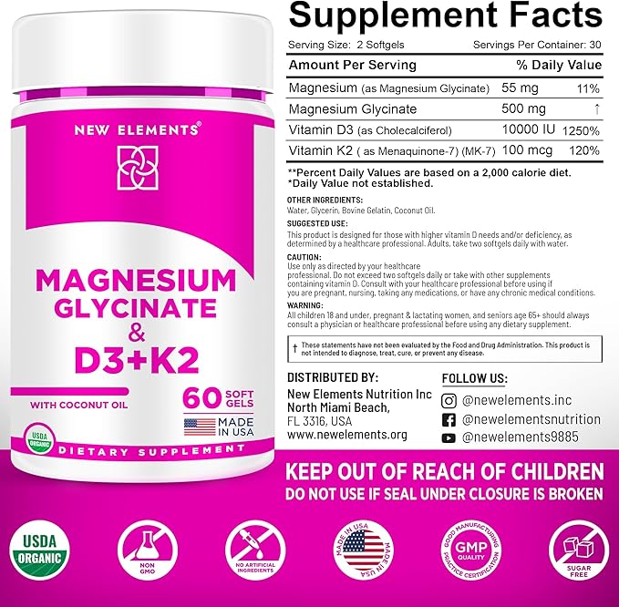 Magnesium Glycinate 500mg Organic Softgels with Vitamin D3 and K2 | D3 10,000 IU | Vitamin K2 100mcg with Coconut Oil for Bone Health | Immunity Support | Non-GMO | Gluten-Free | Sugar Free