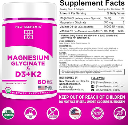 Magnesium Glycinate 500mg Organic Softgels with Vitamin D3 and K2 | D3 10,000 IU | Vitamin K2 100mcg with Coconut Oil for Bone Health | Immunity Support | Non-GMO | Gluten-Free | Sugar Free
