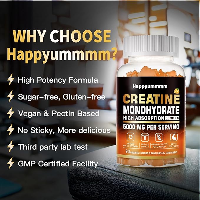 Creatine Monohydrate Gummies 5g for Men Women - Sugar Free Chewable Supplement. 90 Gummies Orange.