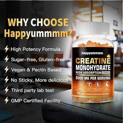 Creatine Monohydrate Gummies 5g for Men Women - Sugar Free Chewable Supplement. 90 Gummies Orange.