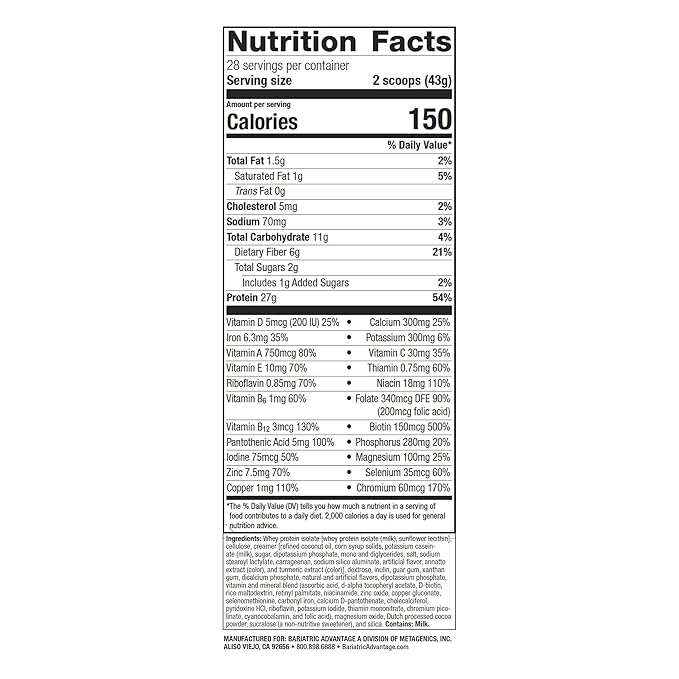 Bariatric Advantage High Protein Meal Replacement Drink Mix, Protein Powder Whey Isolate for Gastric Bypass and Sleeve Gastrectomy Patients, 27g Protein, Lactose Free - Cookies and Cream - 28 Servings