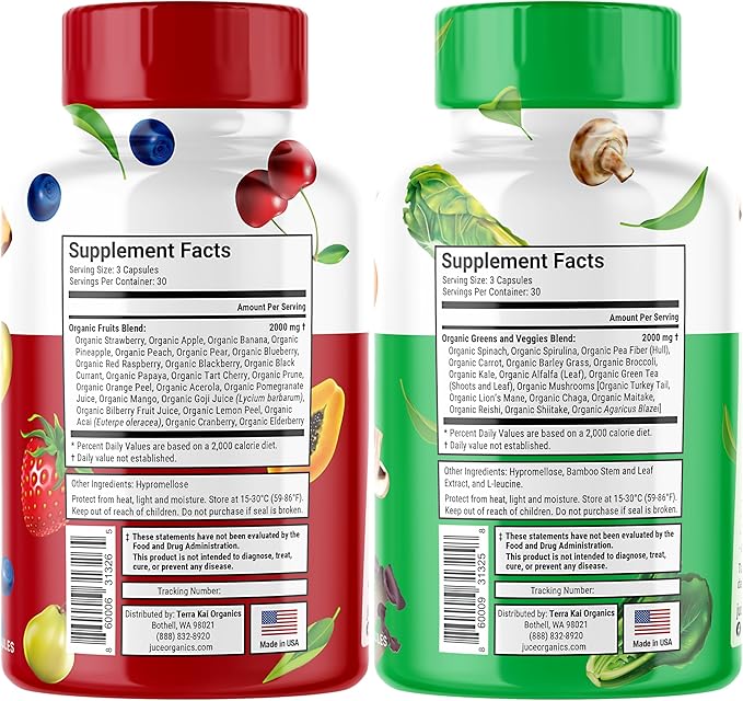 Júce Super Fruits & Super Veggies Capsules - Gluten/Gelatin Free, Non GMO, Soy Free & Vegan - Reds & Greens Superfood Capsules - 23 Fruits & 23 Vegetables - 180 Count