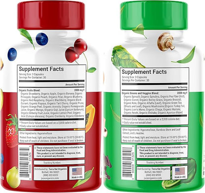 Júce Super Fruits & Super Veggies Capsules - Gluten/Gelatin Free, Non GMO, Soy Free & Vegan - Reds & Greens Superfood Capsules - 23 Fruits & 23 Vegetables - 180 Count