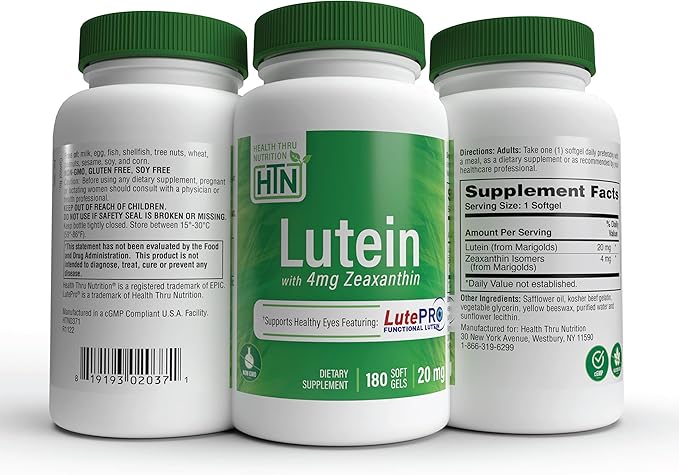 Lutein 20mg with Zeaxanthin 4mg 180 Softgels | All-Trans Marigold Extract in Nature Identical 5:1 Ratio | Supports Healthy Eye, Skin and Brain | Non-GMO Soy & Gluten Free | by Health Thru Nutrition