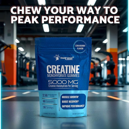 Creatine Gummies 5000mg, 30 Servings Creatine Monohydrate Gummies - Creatine for Women, Strawberry Flavor Creatine Gummies for Men, Muscle Growth, Strength, and Recovery, Vegan, Non-GMO, Gluten Free