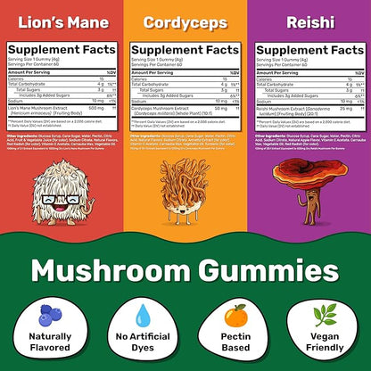 Fungies Mushroom Gummy 3-Pack Bundle, Lion's Mane, Cordyceps & Reishi Gummies for Adults - Mushroom Gummies Supports Brain Health, Gut Health, Energy & Daily Wellness - 180 Servings