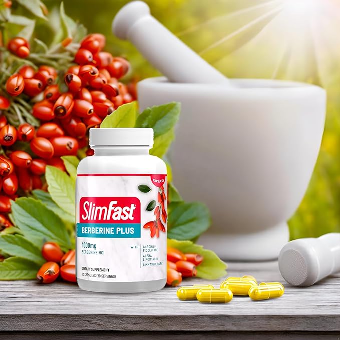 SlimFast Berberine Plus Capsules, Berberine Supplement, with Berberine hcl, Chromium Picolinate, Alpha Lipoic Acid, and Cinnamon Bark, 60 Count, 30 Servings