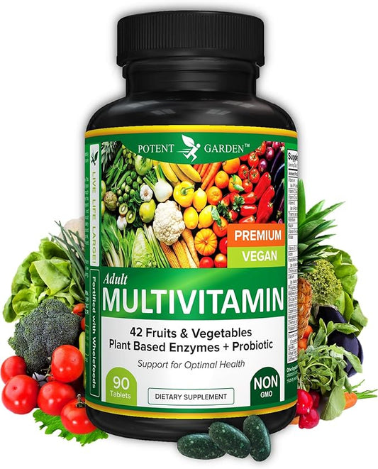 Potent Garden Adult Multivitamin for Women & Men, 42 Fruits & Vegetables Plus Probiotics, Supports Energy Metabolism & Immune System, Daily Multivitamin for Men & Women Non-GMO, 90 Tabs, 30 Servings