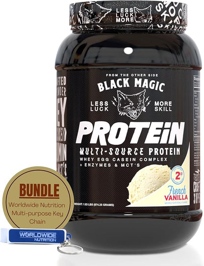 Worldwide Nutrition Black Magic Multi-Source Protein Powder - Whey, Egg Albumin Enzymes, Micellar Casein & MCTs - Muscle Mass Gaining - French Vanilla Flavor - 2 LB with Bonus Multi Purpose Key Chain