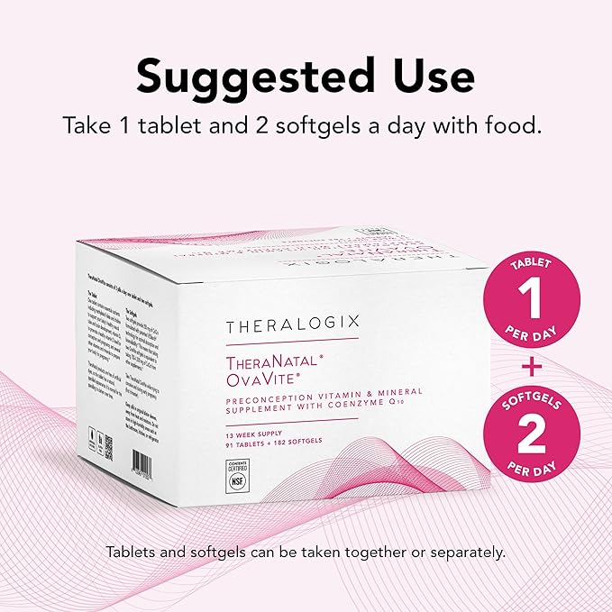 Theralogix TheraNatal OvaVite Preconception Vitamins - 13-Week Supply - Prenatal Vitamins & Fertility Supplement for Women with CoQ10* - NSF Certified - 91 Tabs, 182 Softgels (91 Servings)