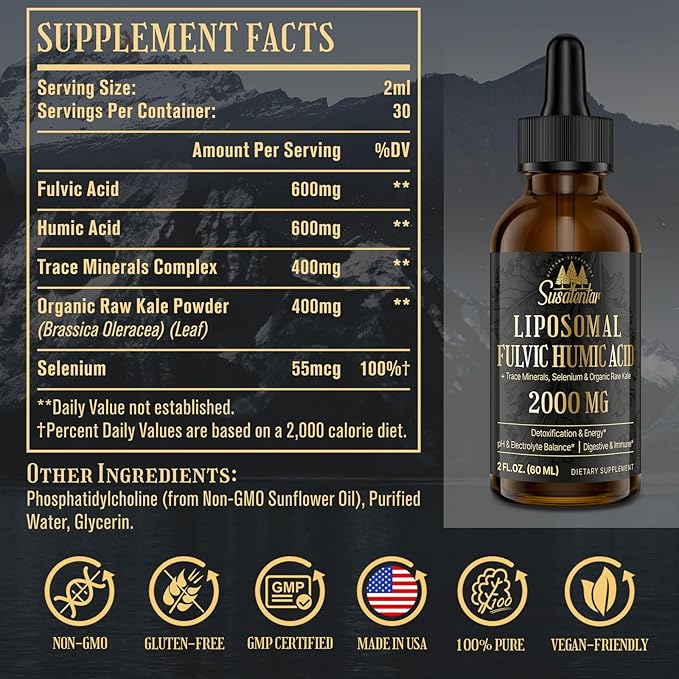 Trace Minerals Electrolytes Drops 2000 MG | Liquid Liposomal Fulvic Humic Acid Supplement | 72+ Trace Minerals | Hydration | Detoxification | Energy | pH Balance | Digestion | Immunity | 6 Oz