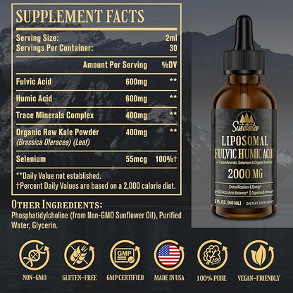 Trace Minerals Electrolytes Drops 2000 MG | Liquid Liposomal Fulvic Humic Acid Supplement | 72+ Trace Minerals | Hydration | Detoxification | Energy | pH Balance | Digestion | Immunity | 4 Oz