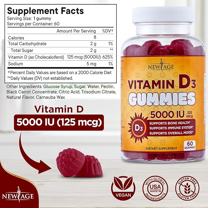 NEW AGE Vitamin D3 5000 IU 125mcg Gummies - Support Immune Support, Strong Bone Health - Non-GMO, Gluten-Free, Dairy-Free, No Gelatin (180 Gummies (Pack of 3))