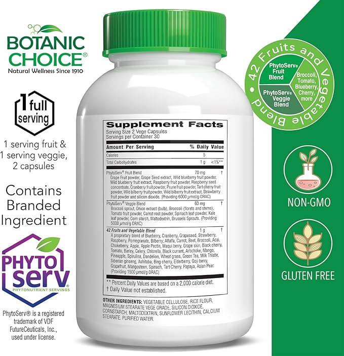 Botanic Choice Mega Fruits and Veggies Blend Total of 42 Fruit and Vegetables Like Elderberry, Chlorella, Kale Energy Balance & Superfood Vegetable Supplements for Adults - 2 Pack
