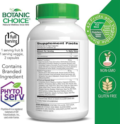 Botanic Choice Mega Fruits and Veggies Blend Total of 42 Fruit and Vegetables Like Elderberry, Chlorella, Kale Energy Balance & Superfood Vegetable Supplements for Adults - 2 Pack