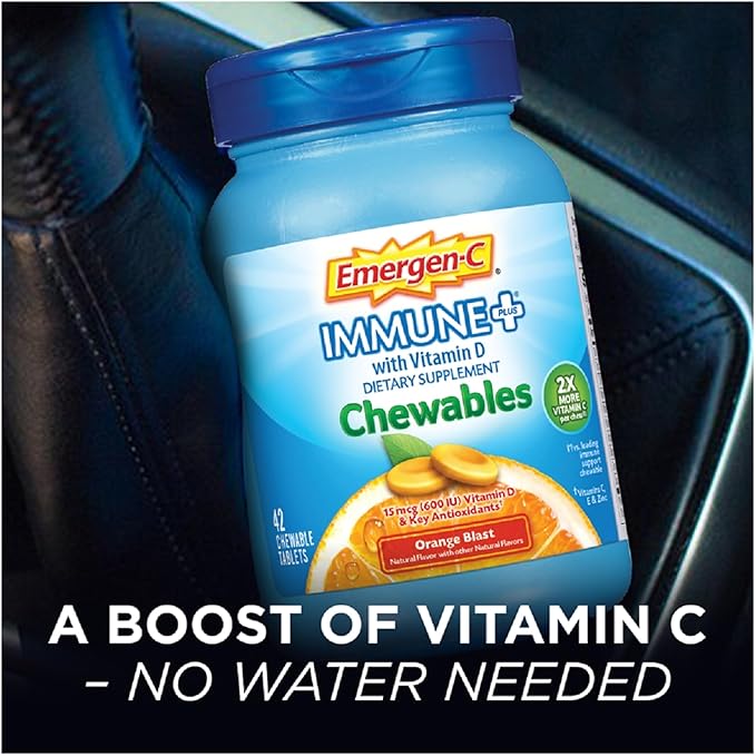 Emergen-C Immune+ Chewables 1000mg Vitamin C Tablet, with Vitamin D, Immune Support Dietary Supplement for Immunity, Orange Blast Flavor - 14 Count