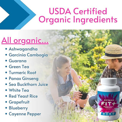 FIT Plus Organic Energy and Wellness Capsules - Organic Energy Vitamin Supplements - Mental Focus, Energy, and Metabolism Boost - Mood Support and Antioxidants - 60 Count Capsules