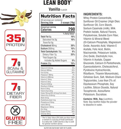 Lean Body All-in-One Vanilla Protein Shake. 35g Protein, Whey Blend, 7g Healthy Fats & Fiber, 22 Vitamins and Minerals, No Artificial Colors, Gluten Free, (4.6lb) Packaging May Vary