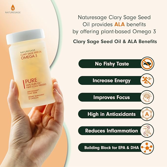 Vegan Omega 3 Capsule Supplement, Plant-Based Omega 3 Fish Oil Alternative, 90 Capsules – Cold Pressed from Clary Sage Seed – Kosher - Omega 3 Fatty Acid Supplement