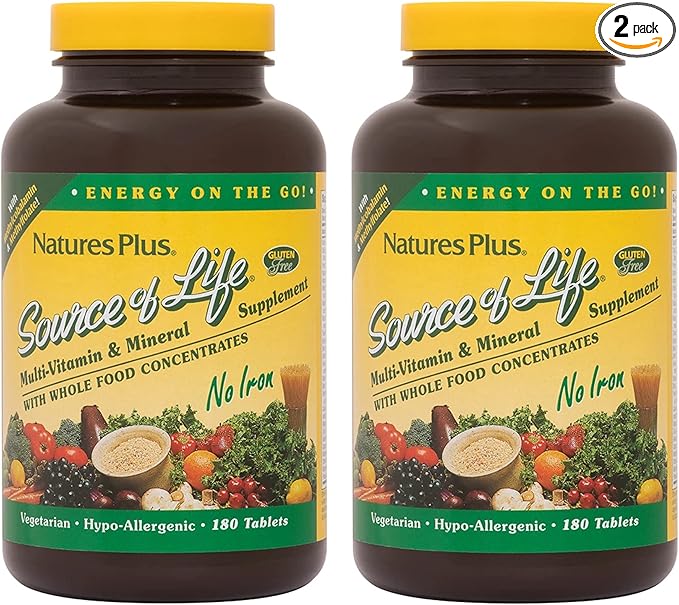 Natures Plus Source of Life No Iron - 180 Tablets, Pack of 2 - Multi-Vitamin & Mineral Supplement - Supports Natural Energy & Overall Well-Being - Gluten Free, Vegetarian - 120 Total Servings
