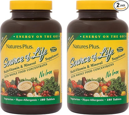Natures Plus Source of Life No Iron - 180 Tablets, Pack of 2 - Multi-Vitamin & Mineral Supplement - Supports Natural Energy & Overall Well-Being - Gluten Free, Vegetarian - 120 Total Servings