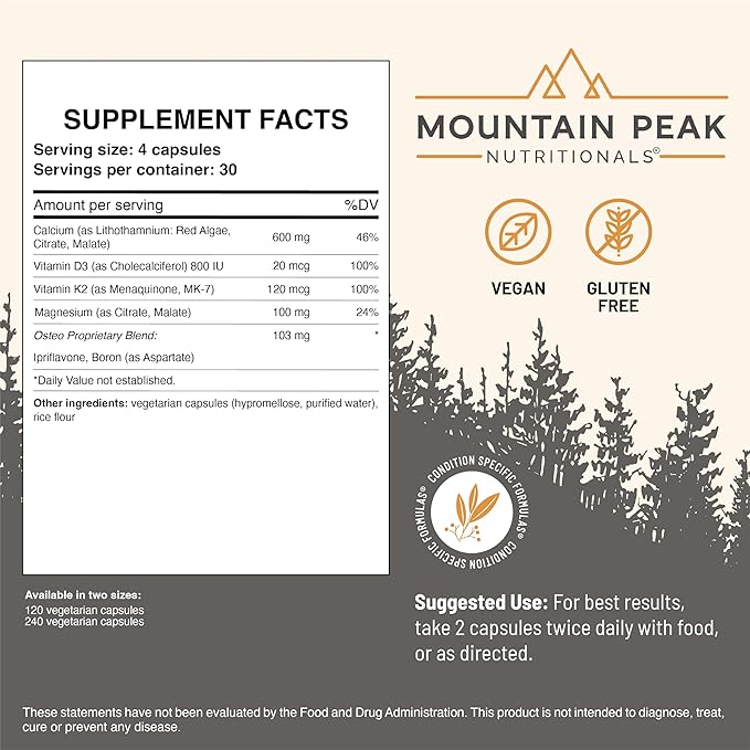 Mountain Peak Nutritionals Osteo Supplement - Organ & Strong Bone Support, Promotes Bone Health - With Vitamins D3, K2, Calcium, and Magnesium - Bone Building & Strengthening (120 Vegetarian Capsules)