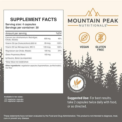 Mountain Peak Nutritionals Osteo Supplement - Organ & Strong Bone Support, Promotes Bone Health - With Vitamins D3, K2, Calcium, and Magnesium - Bone Building & Strengthening (120 Vegetarian Capsules)