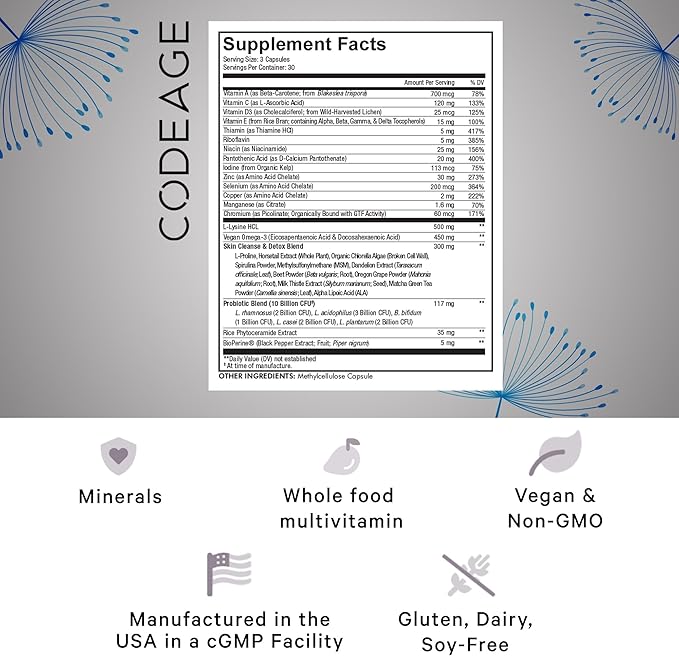 Codeage Clearface Pantothenic Acid, Niacin Supplement, Vitamins A, C, D3, E, Probiotics, Zinc, Riboflavin, Thiamin, L-Lysine HCL & Omega-3, Niacinamide, Skin Botanical Blend - Non-GMO - 90 Capsules