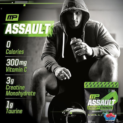 Muscle Pharm Assault Energy & Strength Pre Workout Powder for Men & Women with Beta Alanine, Caffeine, Creatine & Betaine Anhydrous, Pre-Workout Supplements, 30 Servings, Blue Raspberry Flavor