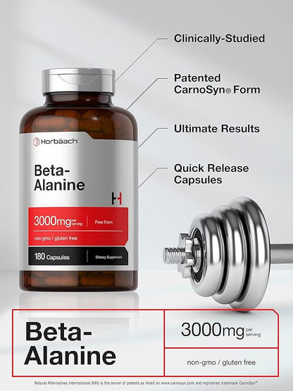 Horbäach Beta Alanine Capsules | 3000mg | 180 Count | Non-GMO, Gluten Free Supplement