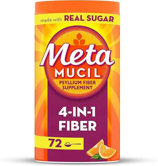 Metamucil Fiber, 4-in-1 Psyllium Fiber Supplement Powder with Real Sugar, Orange Smooth Flavored Drink, 72 Servings (Packaging May Vary), Coarse Texture, 1.9 Pound (Pack of 1)
