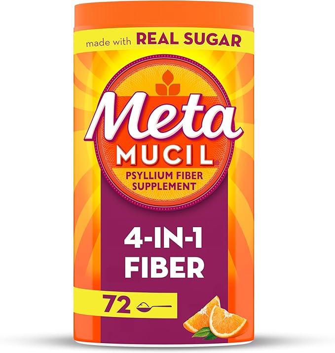 Metamucil Fiber, 4-in-1 Psyllium Fiber Supplement Powder with Real Sugar, Orange Smooth Flavored Drink, 72 Servings (Packaging May Vary), Coarse Texture, 1.9 Pound (Pack of 1)