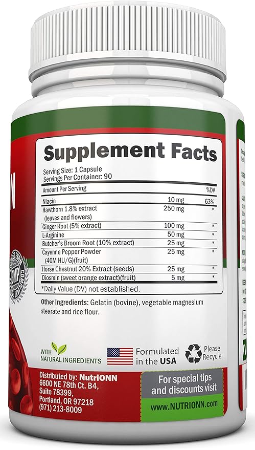 Blood Circulation Support - All Herbal Supplement For Healthy Blood Flow, Arteries & Veins - Promotes Leg Comfort - With Hawthorn, Niacin, L-Arginine, Butcher’s Broom, Cayenne Pepper, Horse Chestnut