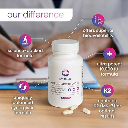 REVITALIZE ADK Vitamin Supplement 10,000 IU - 90 Servings, High Potency Vitamin A, D3 & K2 (MK-7) for Bone Strength | Supports Heart Health and Immune Function - Convenient Capsule Form