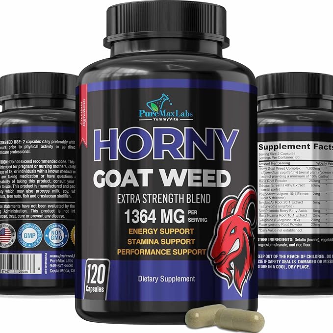Horny Goat Weed Extra Strength -120 Capsules w. Maca, L-Arginine, Ginseng - Boost Desire, Performance, Stamina, Energy, Non-GMO Formula, 120 Capsules